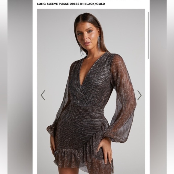 Showpo NWT Laurah Mini Dress Women's 10 V-Neck Long Sleeve‎ Plisse Black/Gold - Picture 1 of 8